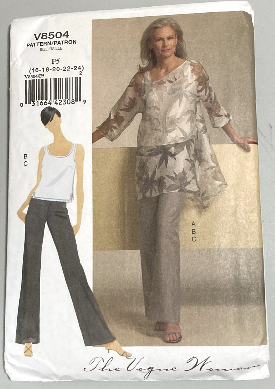 Vogue V8504 Pattern Misses Tunic, Top, Pants Vogue Woman Sz 16-18-20-22-24 UNCUT
